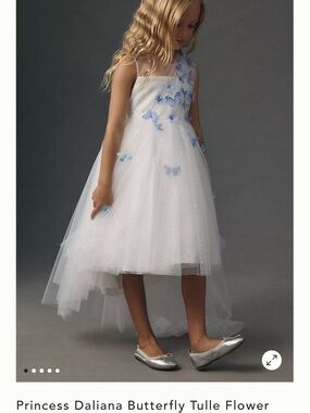 BHLDN White Tulle Flower Girl Dress with Blue Butterflies